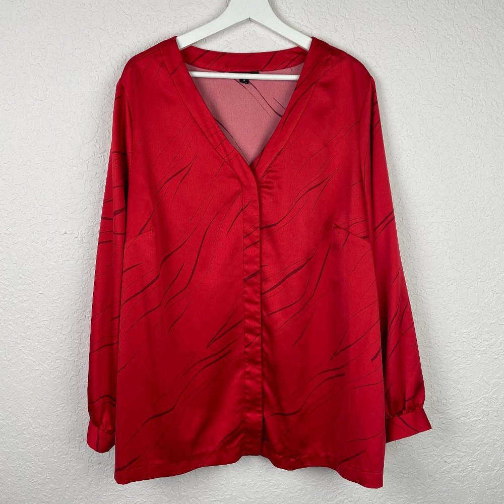 ALFANI Womens 3X Red V-Neck Silk Like Hidden Button Down Blouse Long Sleeves